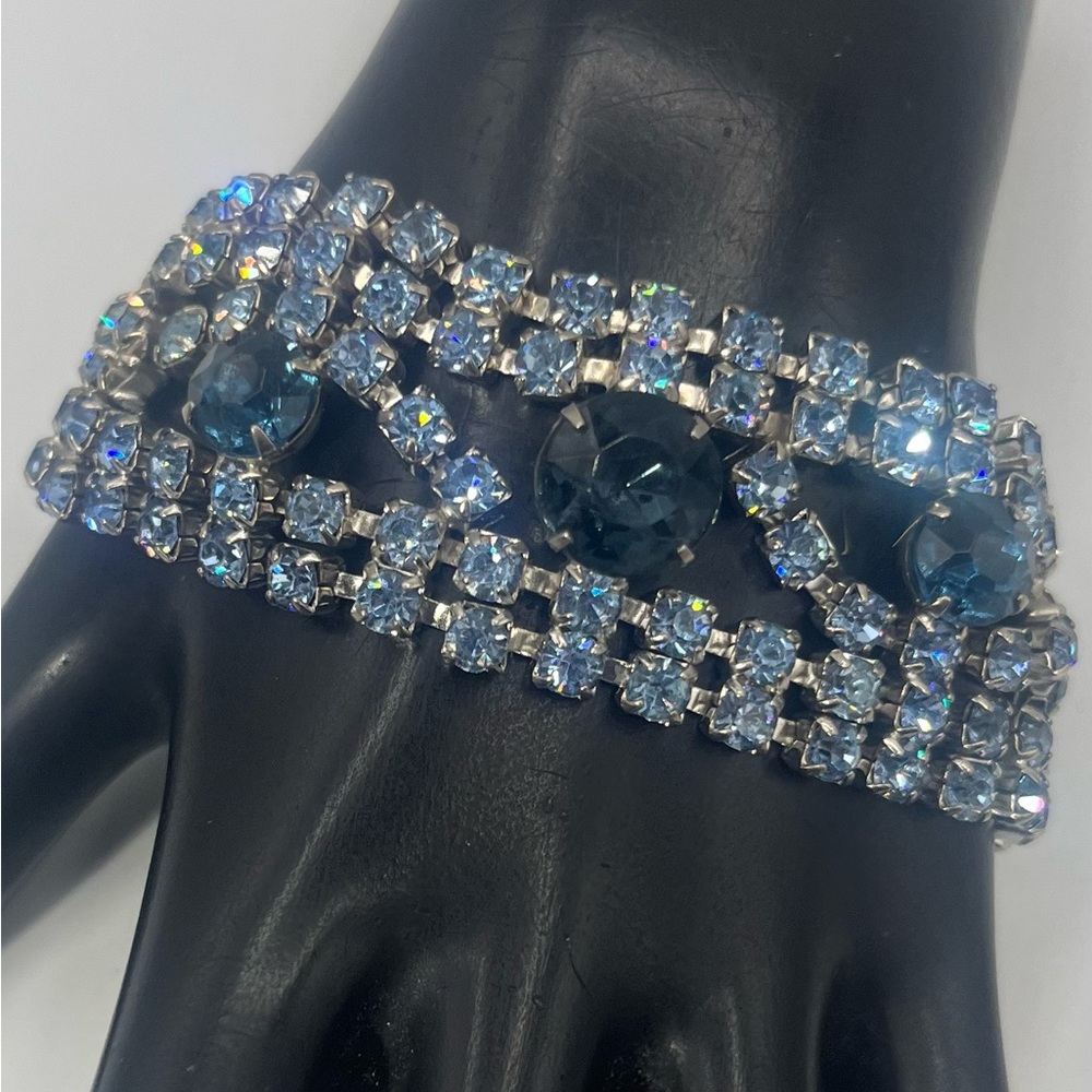 Vintage 1950-60’s Blue Rhinestone Crystal Multi-Row Silver Tone Bracelet